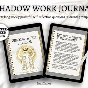 May include: A digital journal cover with a gold and white design. The cover features a woman meditating with a crescent moon and stars above her head. The text on the cover reads "Shadow Work Journal".