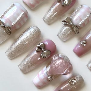 Press-On Nails | Handmade Cute Nail Set | Pastel, Glitter, Charms | Reusable Fake Nails