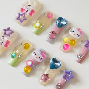 Press-On Nails | Handmade Cute Nail Set | Pastel, Glitter, Charms | Reusable Fake Nails
