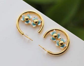 Pendientes de aro con flores únicos chapados en oro llamativos/pendientes colgantes de oro grueso/pendientes de aro con flores estéticas/pendientes de colores vivos, el mejor regalo de cumpleaños