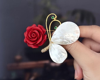 Unique red coral with mother of pearl brooch/Statement art deco butterfly coral brooch women/Large vintage style red coral brooch gift her