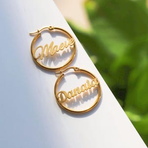 Personalized hoop name earrings/Stainless steel latch back hoop/meaningful gift for sister mom/custom name carving hoop for girlfriend gift
