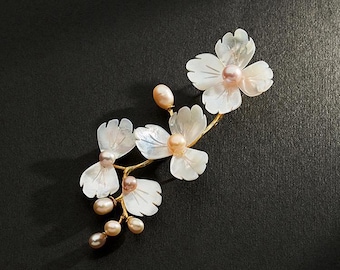Natural Baroque pearl and mother of shell flower brooch /Unique handmade shell brooch/Mother's day Birthday brooch gift women/elegant gift