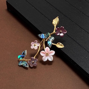 Butterfly abalone shell with pink conch brooch/Botanic flower art deco brooch/Statement vintage blue gemstone brooch women