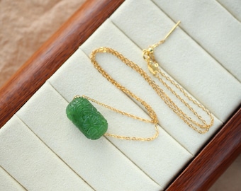 Natural carved barrel green nephrite jade pendant necklace silver/Unique art deco jade pendant/High quality green jade jewelry