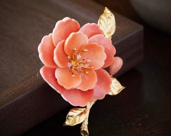 Natural pink conch shell with coral brooch/Flower red roral and shell brooch/Statement shell brooch/Handmade shell jewelry women