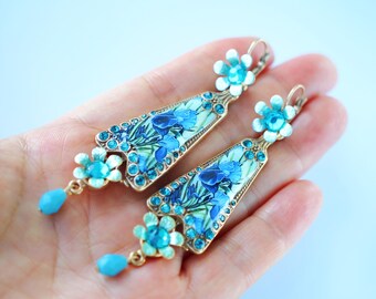 Boucles d'oreilles géométriques florales en émail bleu/Boucles d'oreilles palais médiéval en émail bleu/Superbes boucles d'oreilles bleues délicates pour femmes/Boucles d'oreilles surdimensionnées art déco