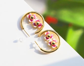 Pendientes de aro con flores únicos chapados en oro llamativos/pendientes colgantes de oro grueso/pendientes de aro con flores estéticas/pendientes de colores vivos, el mejor regalo de cumpleaños