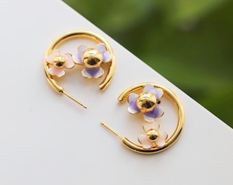 Pendientes de aro con flores únicos chapados en oro llamativos/pendientes colgantes de oro grueso/pendientes de aro con flores estéticas/pendientes de colores vivos, el mejor regalo de cumpleaños