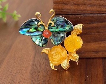 Butterfly abalone shell with yellow amber with red agate brooch women/Vintage style abalone brooch women