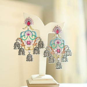 Black Jhumka Kundan earrings/statement chunky dangle & pink quartz/art deco jewelry/cultural accessory/traditional anniversary/multi-stone