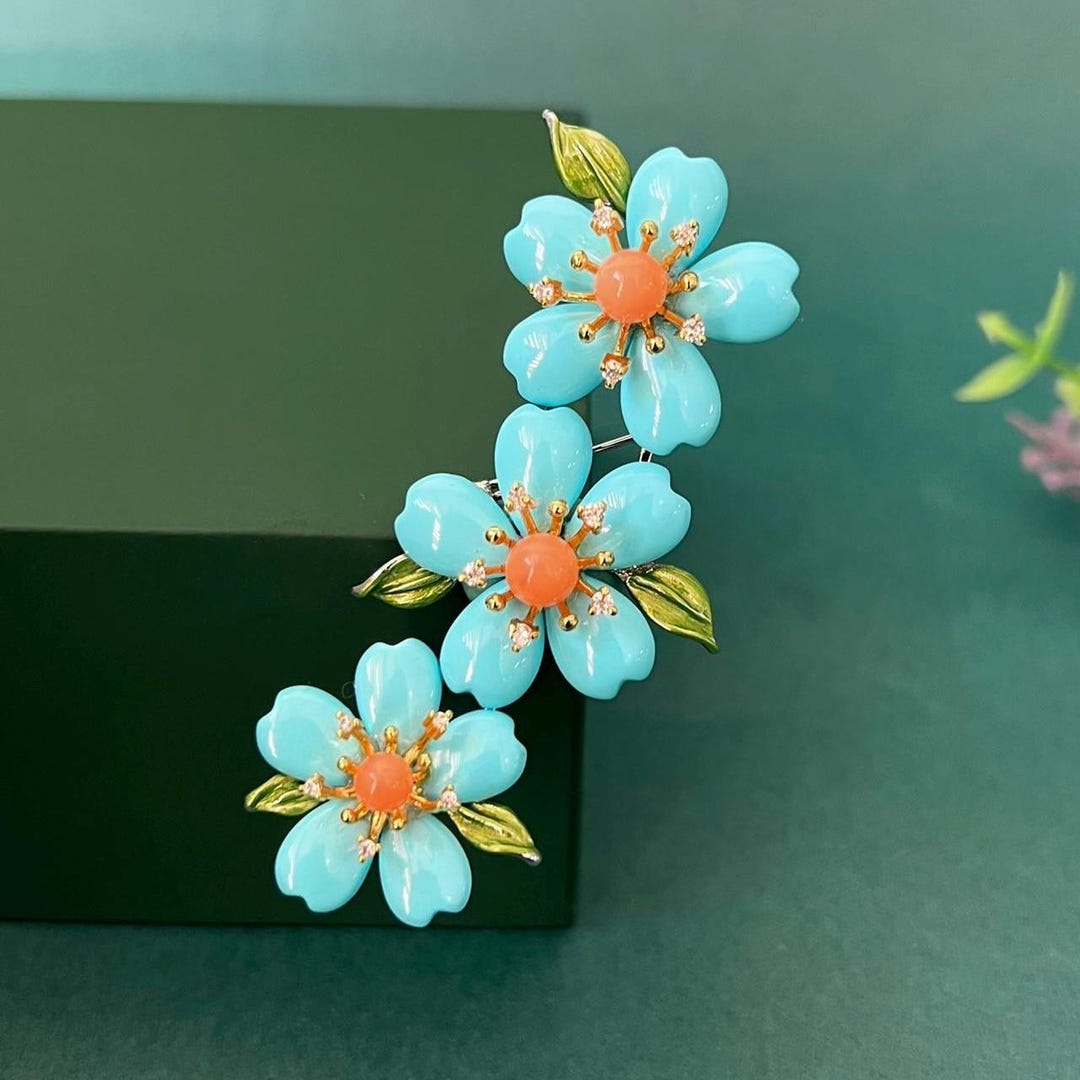 Unique Natural Compressed Turquoise With Coral Brooch/floral Petal Real ...