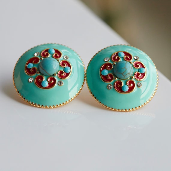 NEW! 14K Gold Plated Retro Floral Green Enamel Post Earrings Green Enamel Flower Earrings: Gold Trim Botanical Studs  main image 2