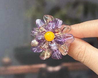Natural Purple Amethyst with Citrine Flower Brooch/Vintage cluster quartz brooch women/Floral amethyst brooch jewelry