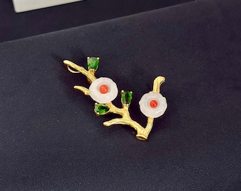 Broche Vintage En Jade Et Métal Doré - Motif Floral Rétro, Dimensions 54x26 Mm