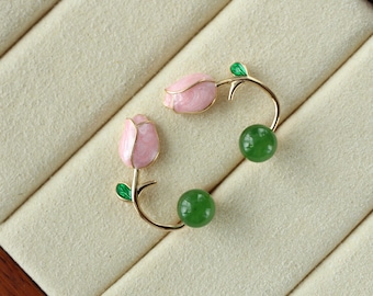 Natural flower green jadeite stud earring silver set/Handmade jade beads earring/High quality jade jewelry/Elegant dainty jade earring