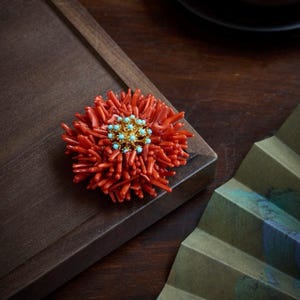 May include: A circular brooch featuring numerous thin, branch-like pieces of red coral radiating outward from a central gold-toned cluster. The center is adorned with small, round, light blue turquoise beads set into a textured gold-colored metal base.