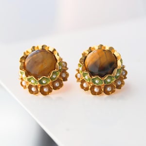 Statement unique tiger eye studs/chunky gold plated stud/Aesthetic stainless steel hoops/boho studs/oversize earrings gift women/anniversary