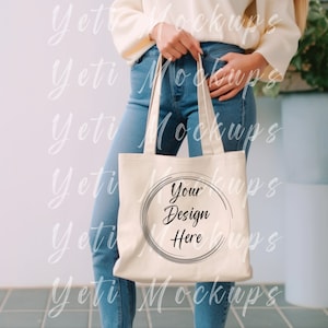 トートバッグ モックアップ、トートバッグ モックアップ、白いトートバッグ、トートバッグを持つ女性、トートバッグを持つ女性、ストックフォト、デジタル画像