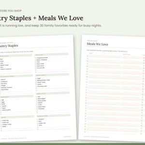 Pu&ograve; includere: Due liste di controllo in carta bianca con testo nero. Il foglio a sinistra &egrave; intitolato Pantry Staples ed elenca categorie di alimenti con caselle di controllo. Il foglio a destra &egrave; intitolato Meals We Love.