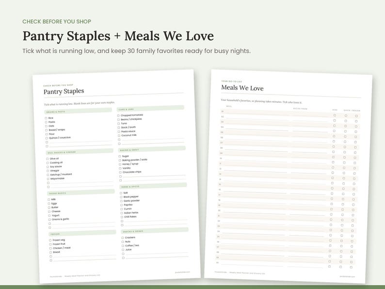 Pu&ograve; includere: Due liste di controllo in carta bianca con testo nero. Il foglio a sinistra &egrave; intitolato Pantry Staples ed elenca categorie di alimenti con caselle di controllo. Il foglio a destra &egrave; intitolato Meals We Love.