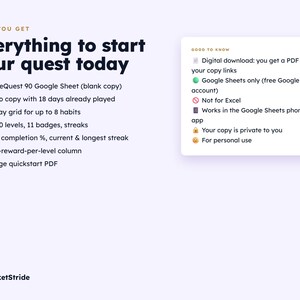 May include: A digital product information graphic titled Everything to start your quest today, listing StrideQuest 90 features like a 90-day habit grid, XP levels, and auto-completion. Includes a Good to know box for Google Sheets.