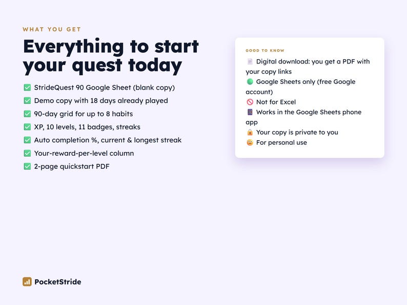 May include: A digital product information graphic titled Everything to start your quest today, listing StrideQuest 90 features like a 90-day habit grid, XP levels, and auto-completion. Includes a Good to know box for Google Sheets.