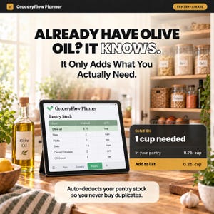 May include: A tablet displaying the GroceryFlow Planner app on a wooden counter. The screen shows a pantry stock list and a notification for olive oil. Text reads: Already have olive oil? It knows. It only adds what you actually need. Auto-deducts your pantry stock so you never buy duplicates.