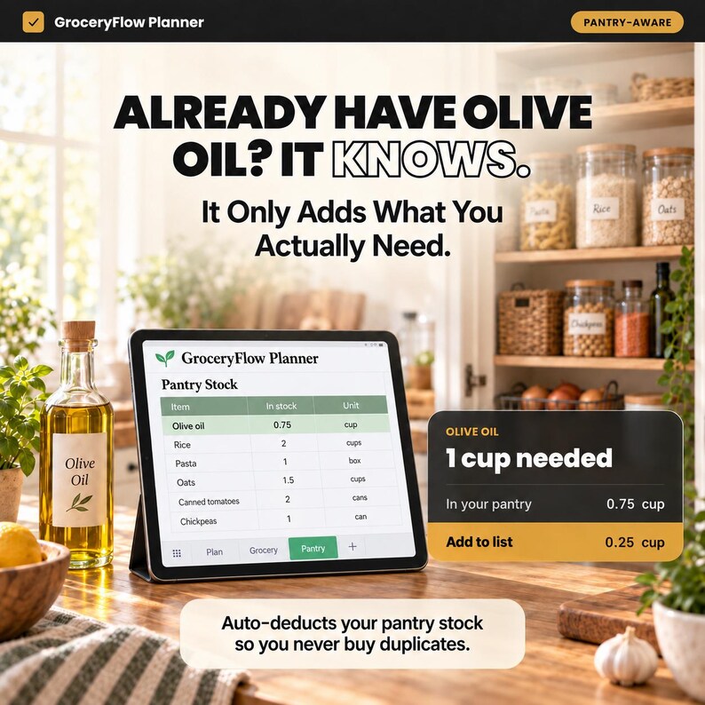 May include: A tablet displaying the GroceryFlow Planner app on a wooden counter. The screen shows a pantry stock list and a notification for olive oil. Text reads: Already have olive oil? It knows. It only adds what you actually need. Auto-deducts your pantry stock so you never buy duplicates.