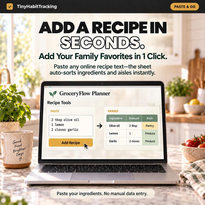 May include: A laptop screen displays the GroceryFlow Planner interface with a recipe tool that parses text into ingredients and aisles. The screen shows the text ADD A RECIPE IN SECONDS. Add Your Family Favorites in 1 Click. Paste your ingredients. No manual data entry.
