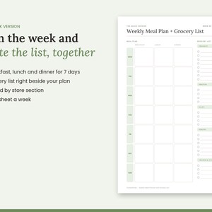 Pu&ograve; includere: Un modello di piano alimentare settimanale e lista della spesa su un foglio bianco. Il testo recita: THE QUICK VERSION, Plan the week and write the list, together, Weekly Meal Plan + Grocery List. Include una griglia di 7 giorni.