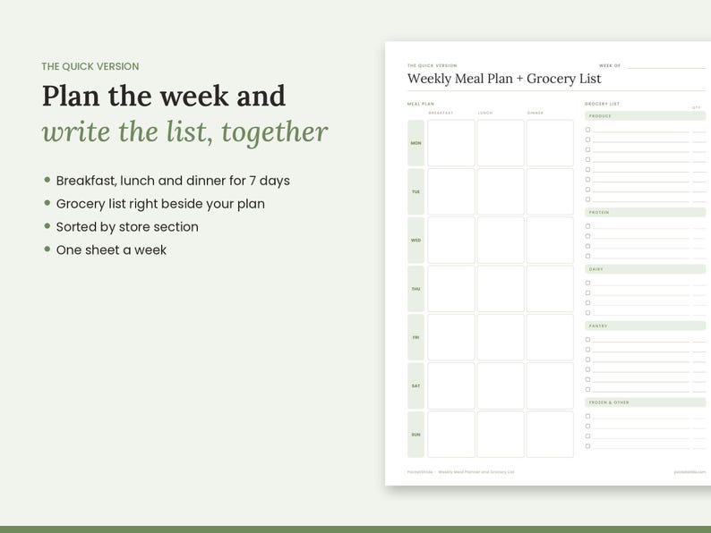 Pu&ograve; includere: Un modello di piano alimentare settimanale e lista della spesa su un foglio bianco. Il testo recita: THE QUICK VERSION, Plan the week and write the list, together, Weekly Meal Plan + Grocery List. Include una griglia di 7 giorni.