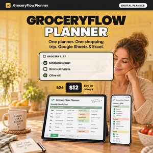May include: A digital GroceryFlow Planner displayed on a tablet and smartphone, featuring a weekly meal plan and a grocery list. The interface includes checkboxes for items like chicken breast and broccoli florets, with text headers and a clean layout.