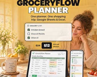 Meal Planner Google Sheets Spreadsheet | Automated Grocery List with Pantry Inventory, Weekly Menu & Aisle Shopping List (Excel + Sheets)