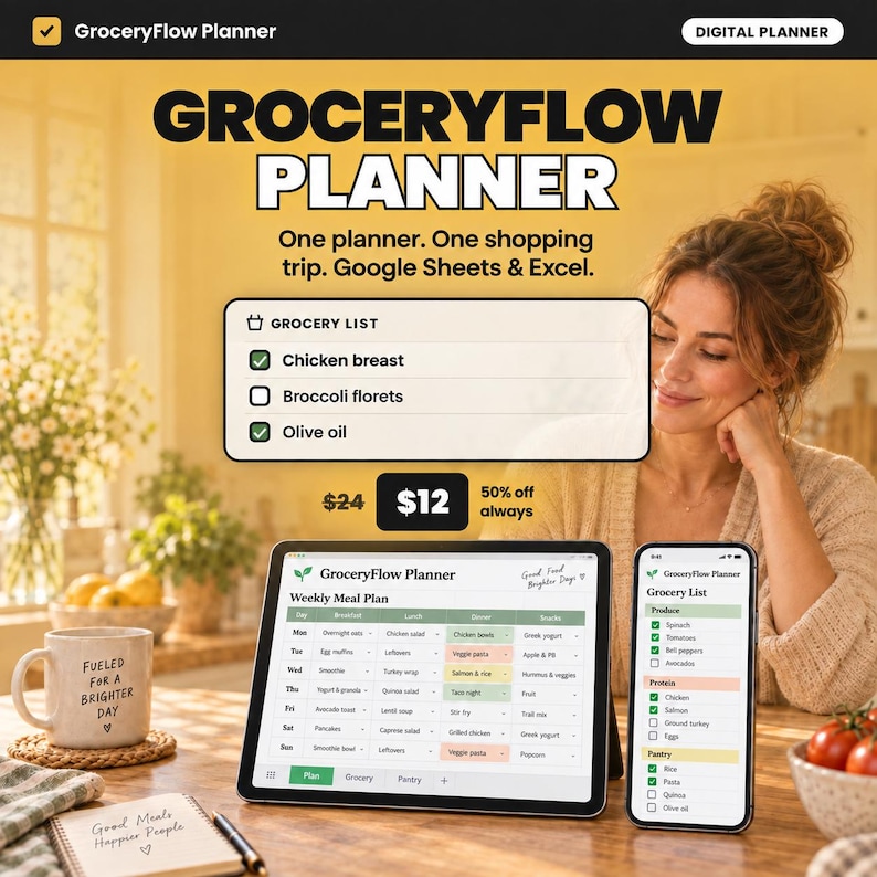 May include: A digital GroceryFlow Planner displayed on a tablet and smartphone, featuring a weekly meal plan and a grocery list. The interface includes checkboxes for items like chicken breast and broccoli florets, with text headers and a clean layout.