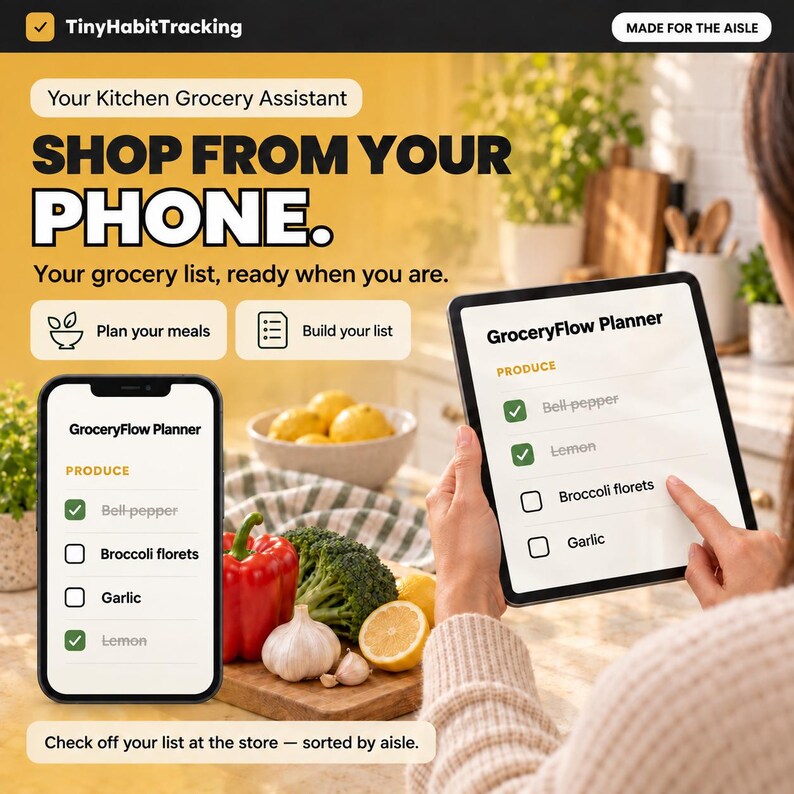 May include: A digital grocery planning interface titled GroceryFlow Planner displayed on a smartphone and tablet. The screen shows a produce list with checkboxes for bell pepper, lemon, broccoli florets, and garlic. Text includes TinyHabitTracking.