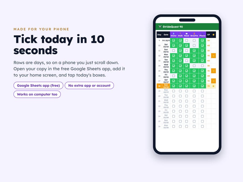 May include: A smartphone displaying the StrideQuest 90 habit tracker spreadsheet. Text reads: Made for your phone, Tick today in 10 seconds, Rows are days, so on a phone you just scroll down. Open your copy in the free Google Sheets app.