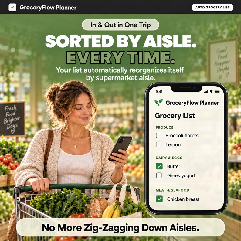 May include: A smartphone displaying the GroceryFlow Planner app with a categorized grocery list including produce, dairy, eggs, meat, and seafood. The screen shows checkboxes for items like broccoli florets, lemon, butter, Greek yogurt, and chicken breast.