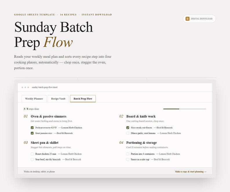 May include: A digital Google Sheets template titled Sunday Batch Prep Flow. The interface displays a meal planning dashboard with four cooking phases: Oven & passive simmers, Board & knife work, Sheet-pan & skillet, and Portioning & storage.