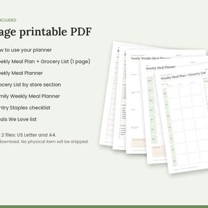 Pu&ograve; includere: Un set di 7 pagine di pianificatore pasti in PDF stampabile che include piano settimanale, lista della spesa, pianificatore familiare, lista della dispensa e lista dei pasti preferiti. Include formati US Letter e A4.