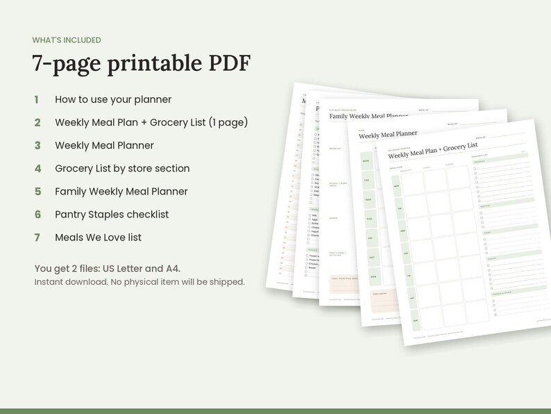 Pu&ograve; includere: Un set di 7 pagine di pianificatore pasti in PDF stampabile che include piano settimanale, lista della spesa, pianificatore familiare, lista della dispensa e lista dei pasti preferiti. Include formati US Letter e A4.