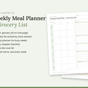 May include: A printable weekly meal planner and grocery list template featuring a grid layout for seven days and a categorized shopping list. The document includes the text Weekly Meal Planner & Grocery List in black and sage green.