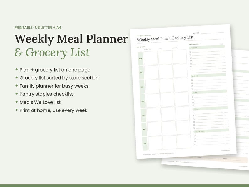 Pu&ograve; includere: Un modello stampabile di pianificatore settimanale dei pasti e lista della spesa con una griglia per sette giorni e una lista categorizzata. Il documento include il testo Weekly Meal Planner & Grocery List in nero e verde salvia.