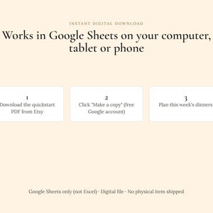 May include: A digital instructional graphic on a cream background with the text: Instant Digital Download. Works in Google Sheets on your computer, tablet or phone. Three steps are listed: 1. Download the quickstart PDF from Etsy, 2. Click Make a copy (free Google account), 3. Plan this week's dinners. Footer text: Google Sheets only (not Excel) &middot; Digital file &middot; No physical item shipped.