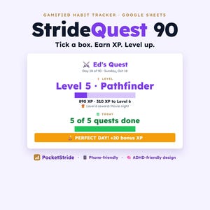 May include: A digital gamified habit tracker for Google Sheets titled StrideQuest 90. The interface displays Ed's Quest, Level 5 Pathfinder, experience points, a progress bar, and a status message indicating 5 of 5 quests done with a bonus.