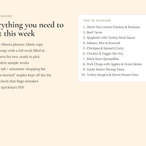 May include: A digital meal planner document on a light cream background. The text reads: What's Inside, Everything you need to start this week, and lists features like a Google Sheets planner, demo copy, 10 dinners, and a pantry tab. A box lists 10 dinners.