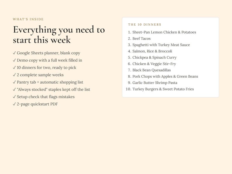 May include: A digital meal planner document on a light cream background. The text reads: What's Inside, Everything you need to start this week, and lists features like a Google Sheets planner, demo copy, 10 dinners, and a pantry tab. A box lists 10 dinners.