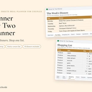 May include: A digital meal planner for Google Sheets titled Dinner for Two Planner. The interface displays a weekly dinner schedule with recipes for two servings and a shopping list organized by aisle with checkboxes for items like produce.