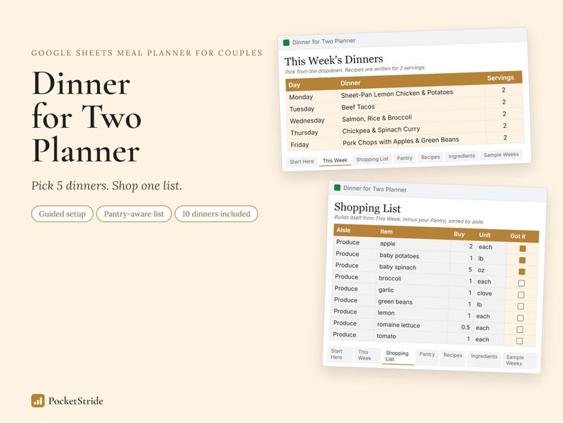 May include: A digital meal planner for Google Sheets titled Dinner for Two Planner. The interface displays a weekly dinner schedule with recipes for two servings and a shopping list organized by aisle with checkboxes for items like produce.