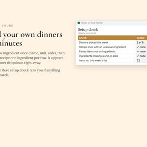 May include: A digital planner interface titled Dinner for Two Planner featuring a setup check table with status updates. Text includes Make it yours, Add your own dinners in minutes, and instructions on adding ingredients and recipe lines.